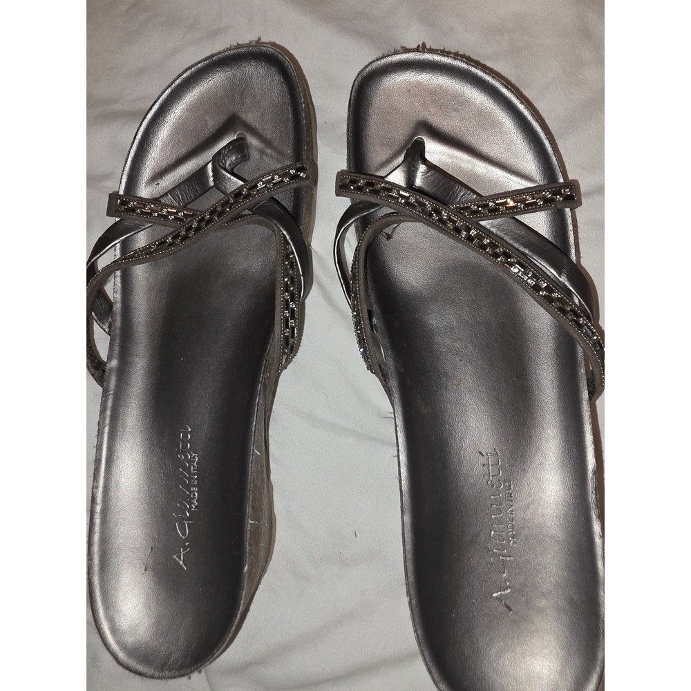 A. Giannetti Sandals Made InItaly. Silver Leather & Rhinestones.  2" Wedge Heel.